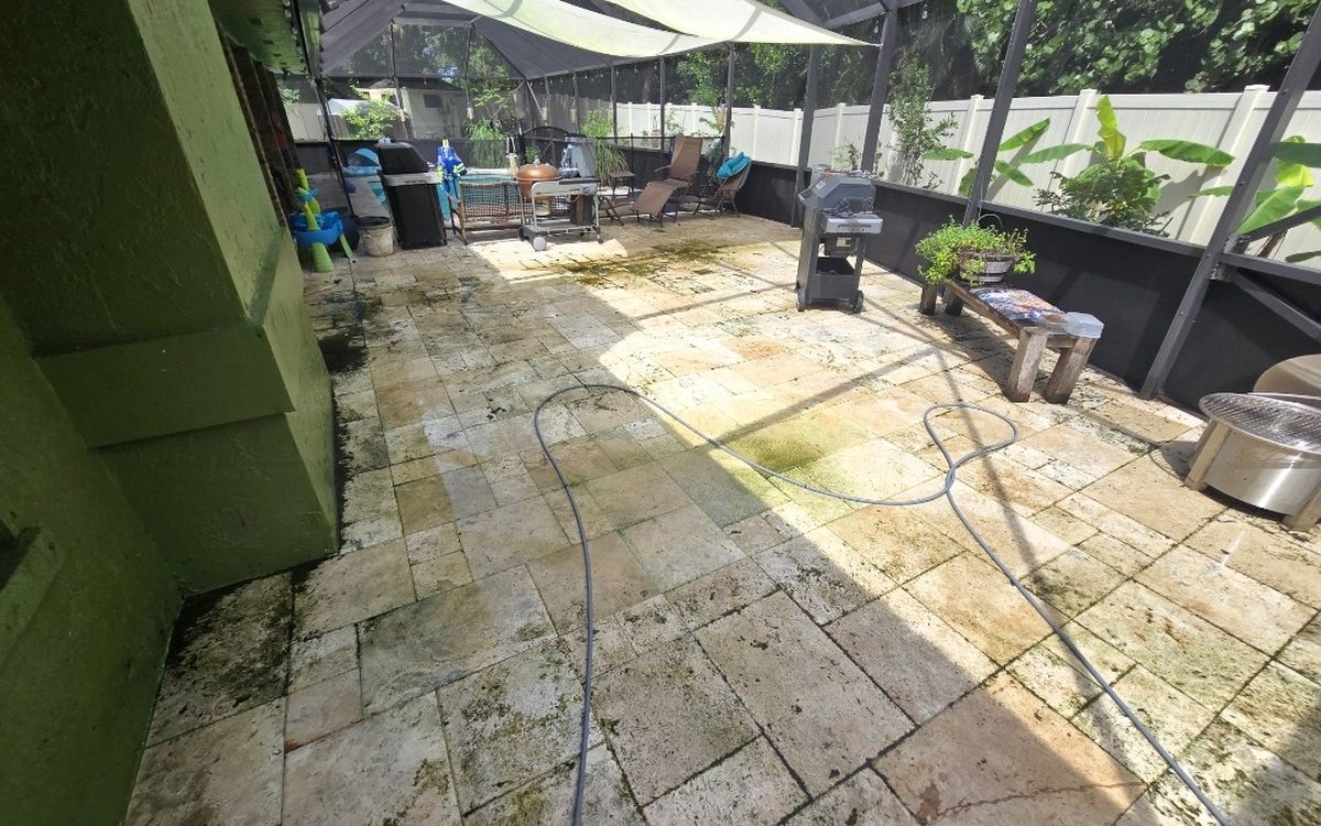 Stone patio covered in green mildew before cleaning