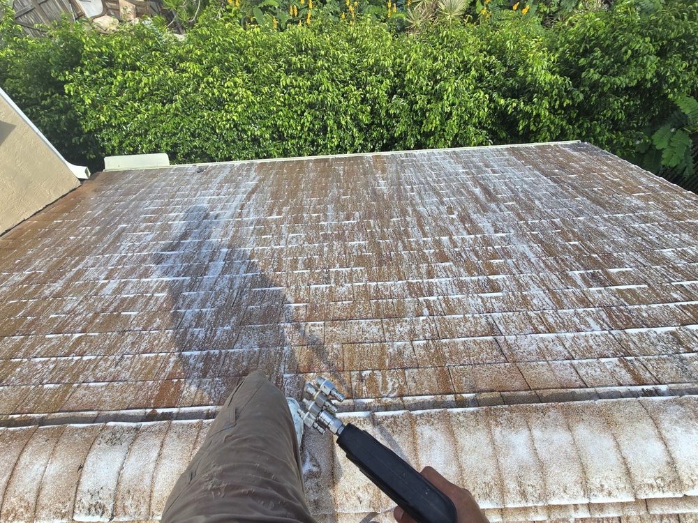 Soft wash solution applied to a roof to break down algae